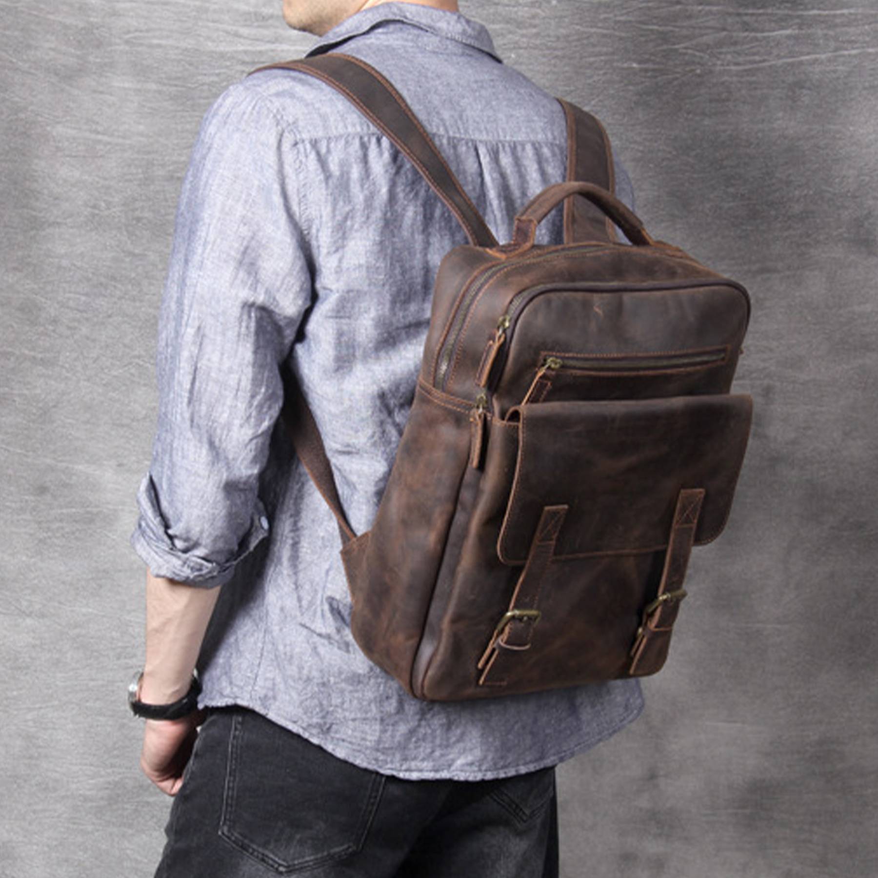 Vintage Genuine Leather Laptop Men Backpack 3