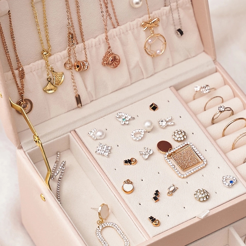 Custom 3-Layer PU Jewelry Organizer Box with Drawer & Handle 9