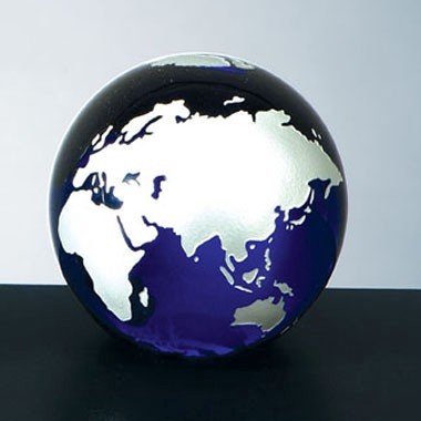 3" Diameter Cobalt Blue Molten Glass World Globe with Silver Continental Paperweight with flat Bot 1