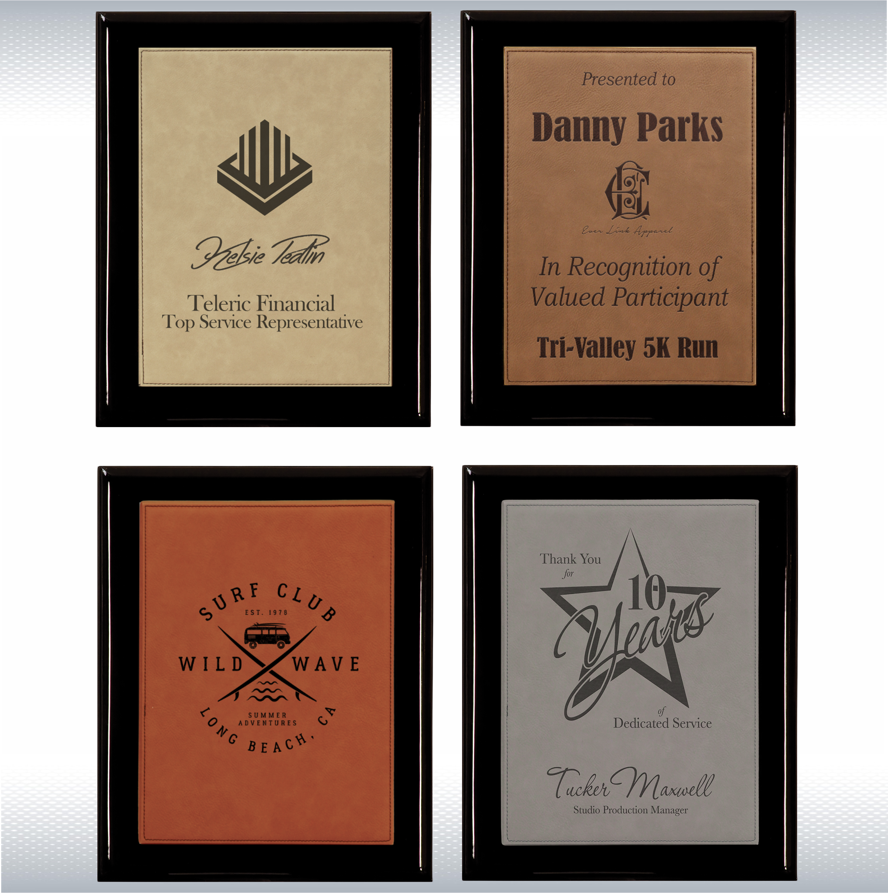 Black Piano Finish Wood Plaque W/ Leather Plate (8" X 10") 3