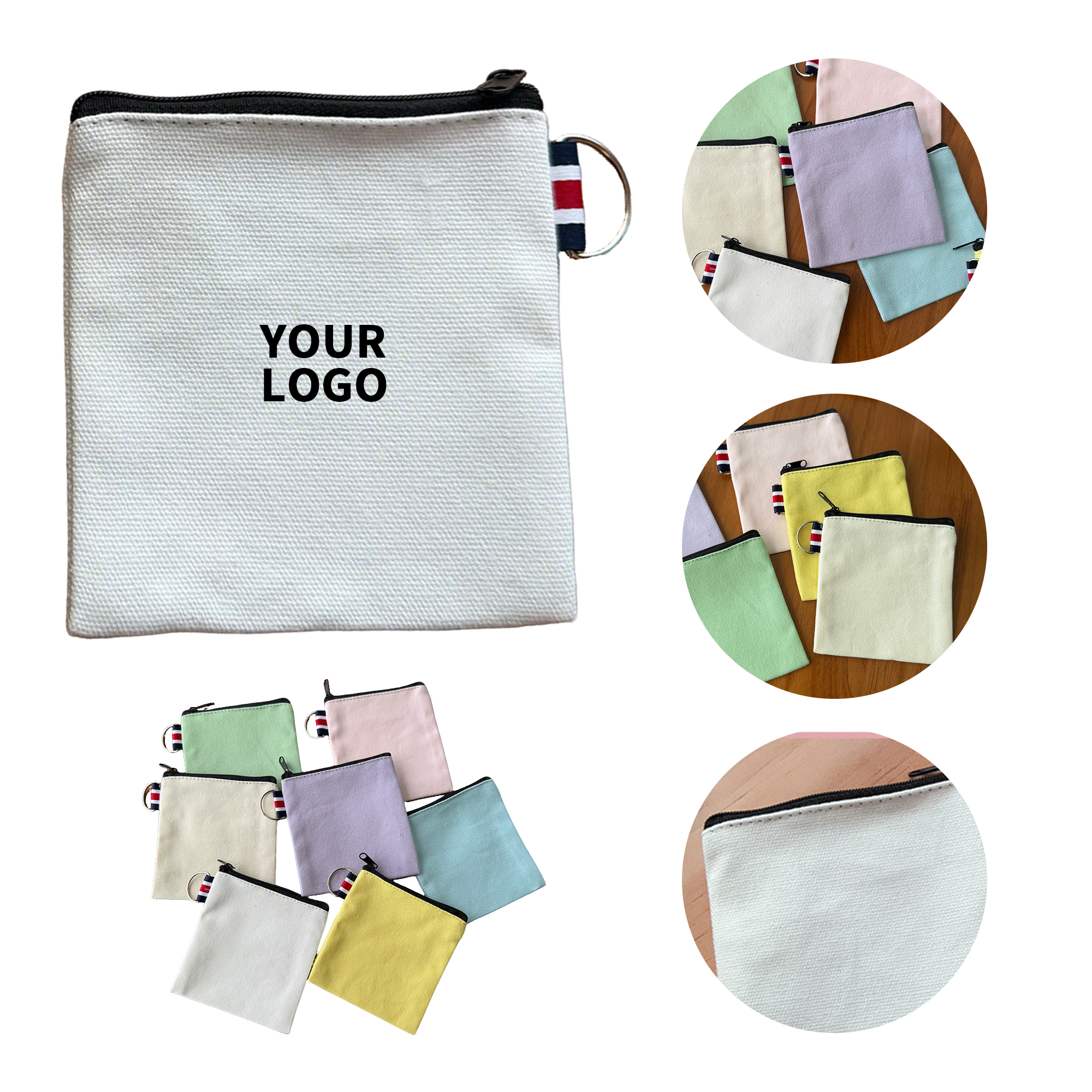 Canvas Zipper Pouch With Metal Ring Square 4.3" Size 2