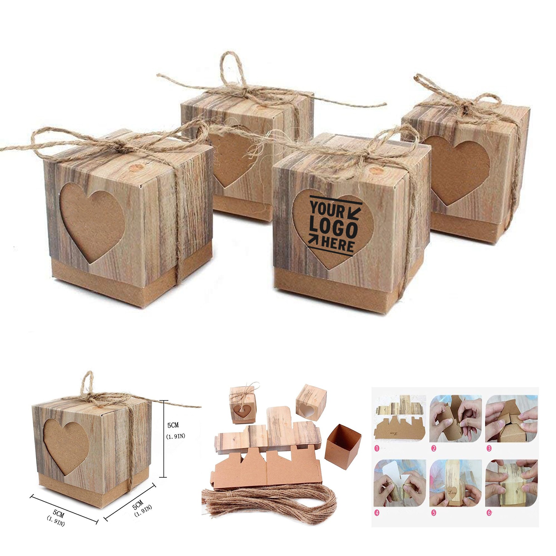 2 x 2 x 2" Candy Favor Boxes Vintage Kraft with Burlap Twine 2