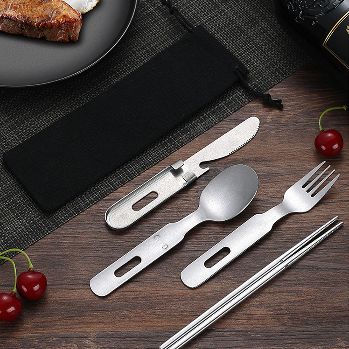 Portable Stainless Steel Camping Cutlery Set with Pouch 3