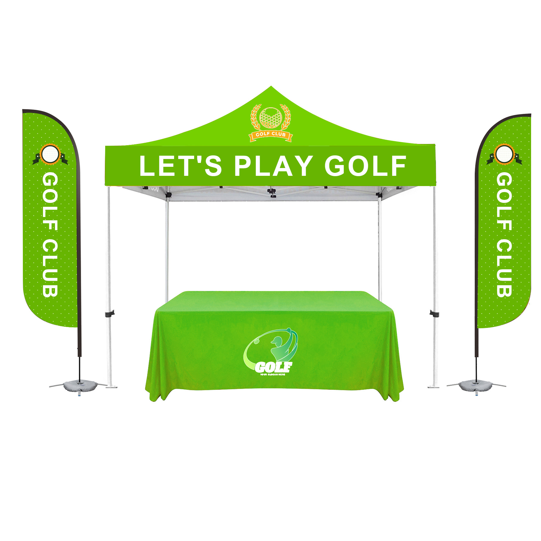 10'X10' Deluxe White Steel Frame, Dye Sub Canopy, Two 11' Feather Flag & 6' Custom Table Throw 4