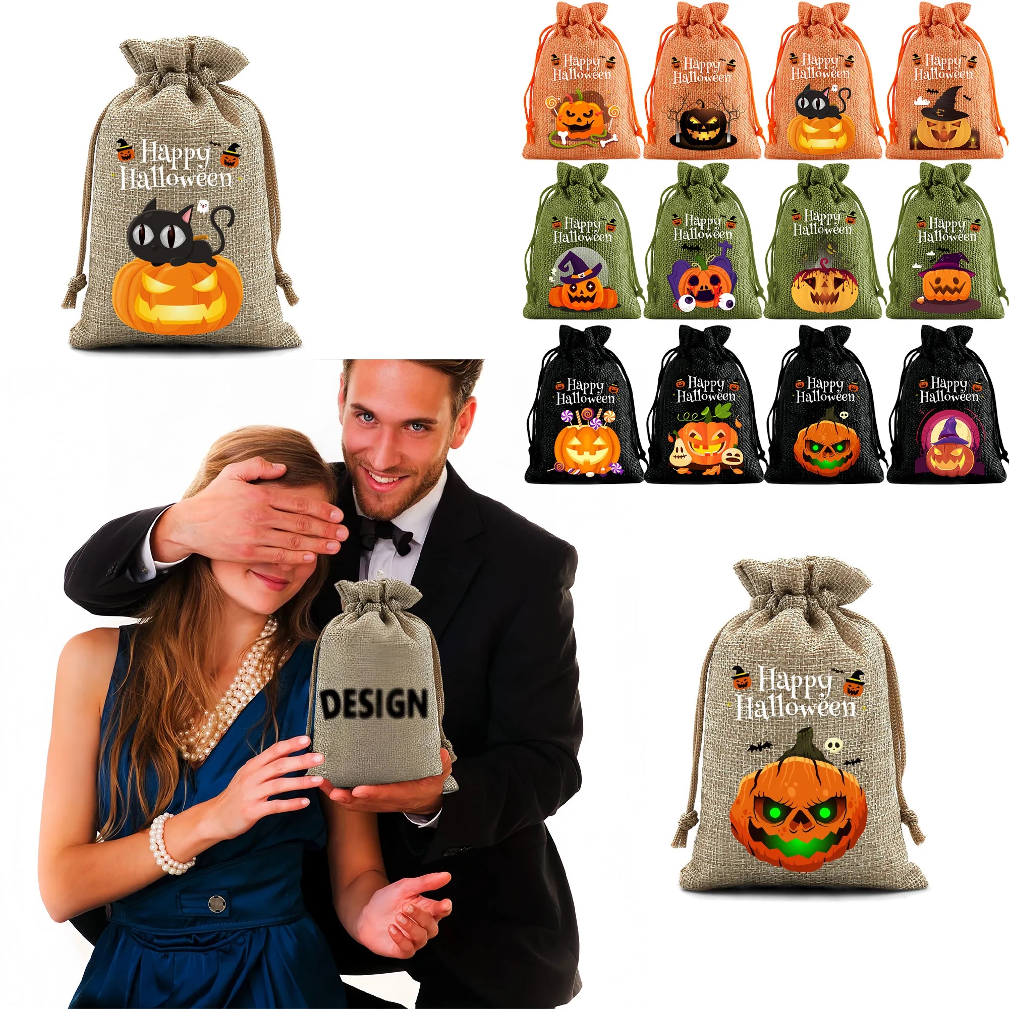 Festive Halloween Burlap Drawstring Gift Bags