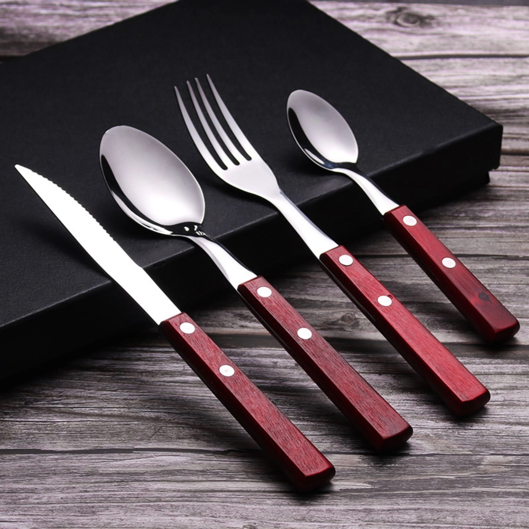 Silverware Set Stainless Steel Cutlery Wood Handle Retro 11
