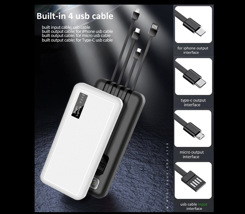 Power Bank with LED flashlight and 4 Built-in Cable - 10000mAh 2