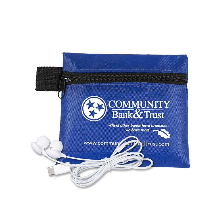 Mobile Tech Earbud Kit In Zipper Pouch Components inserted into Polyester Zipper Pouch 10