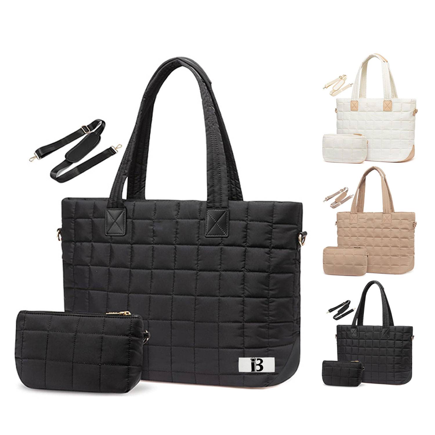 Quilted Nylon Crossbody Tote Bag w/ Mini Pouch