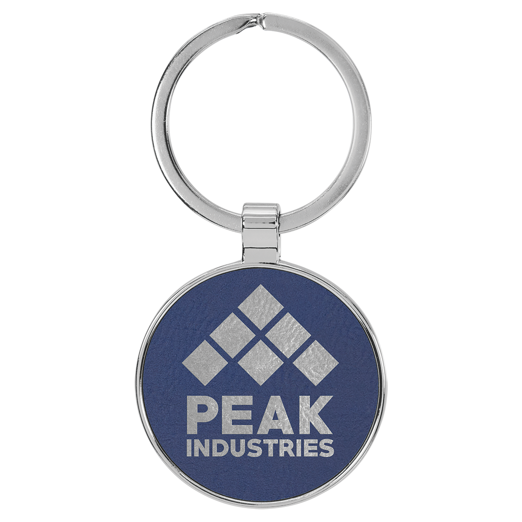 1 1/2" Leatherette/Metal Blue/Silver Round Keychain 1