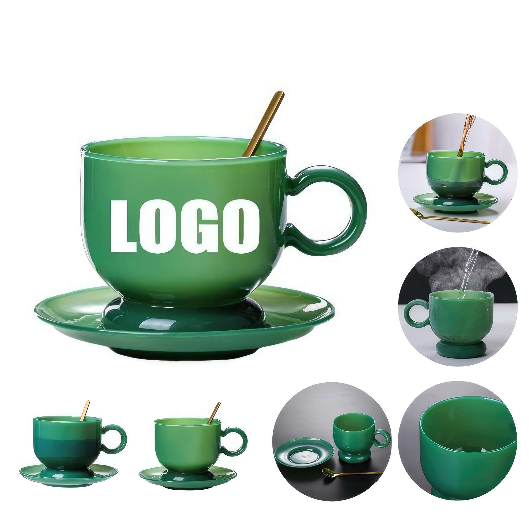 12.8 OZ Glass Tea Cup Coffee Mug with Saucer &Spoon Set 2