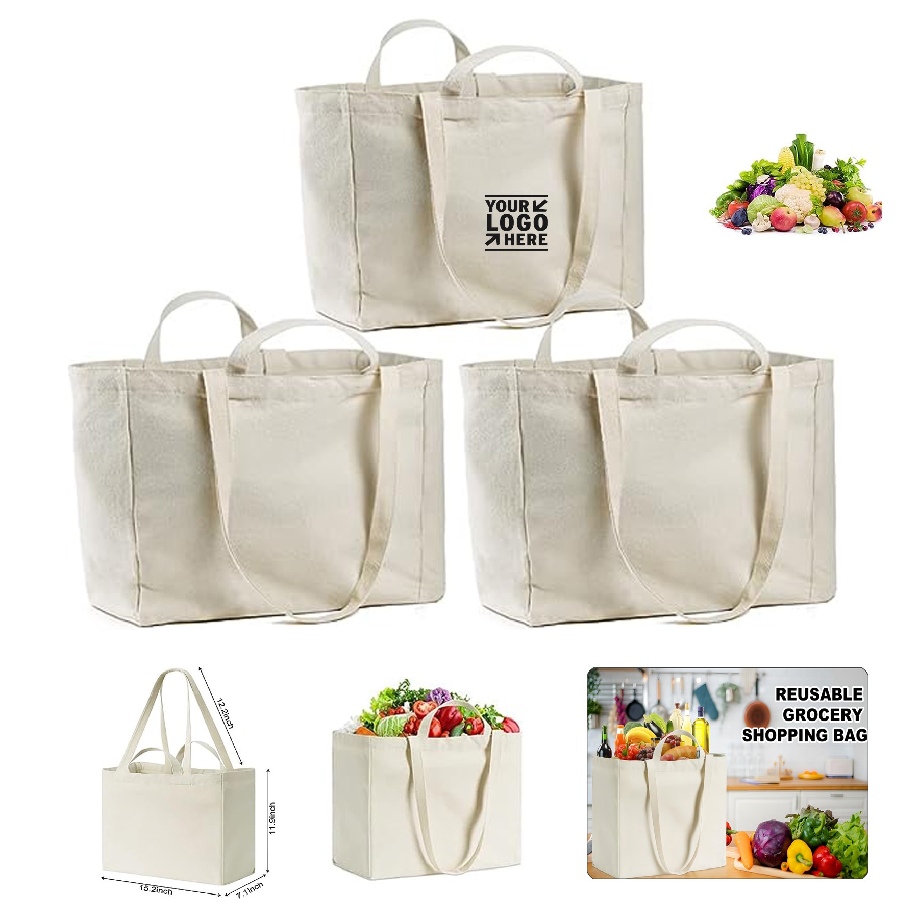 Reusable Shopping Foldable Washable Canvas Grocery Heavy Duty Tote Bag 2