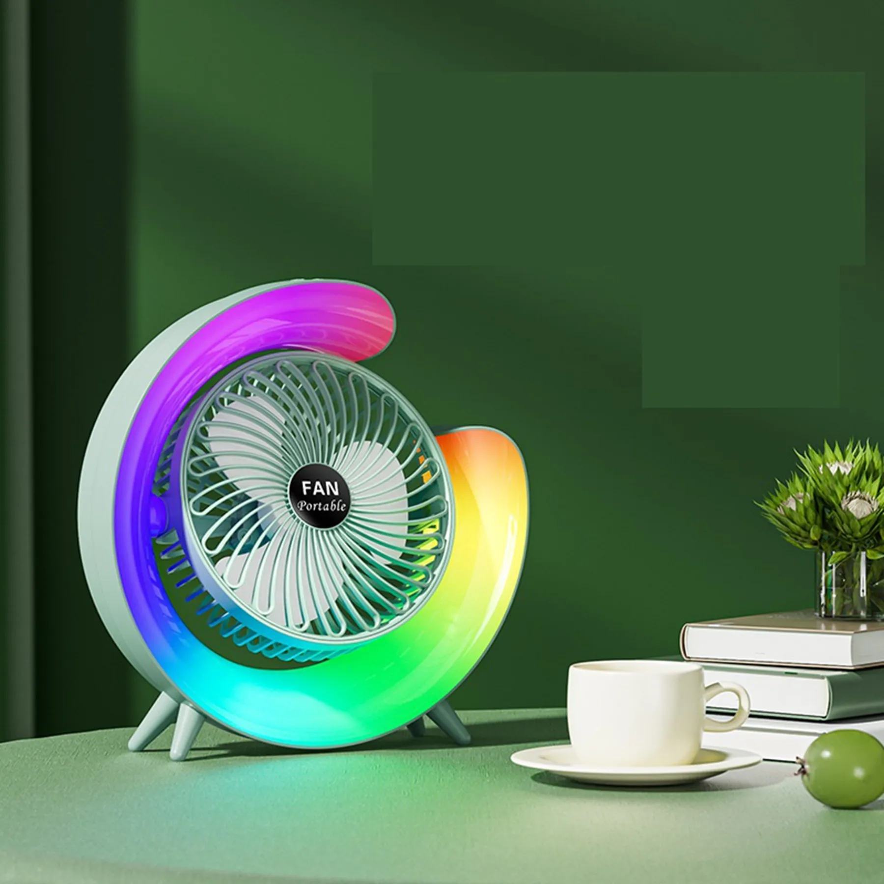 800 mAh Chargeable G Shape 7 Colorful LED Light Tabletop Fan 5