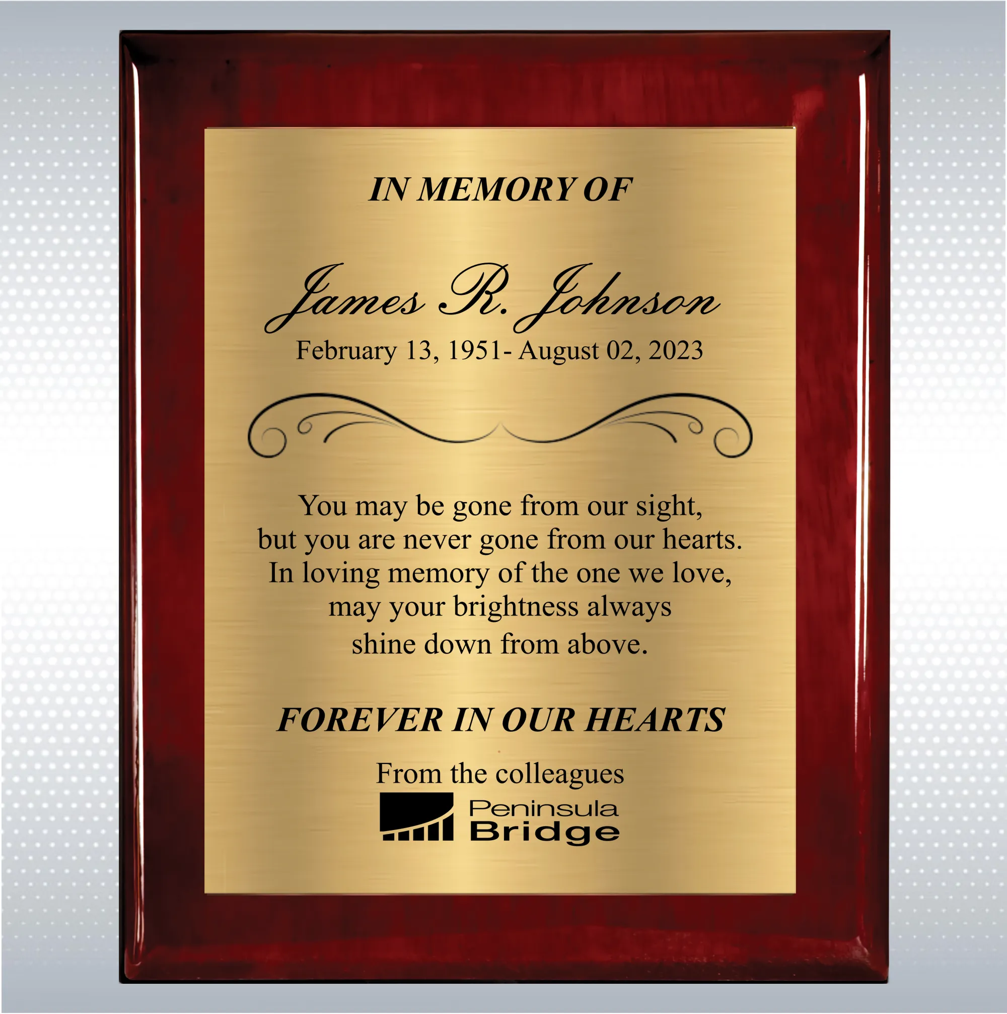Rosewood Piano Finish Wood Personalized Memorial Plaque Gift 19