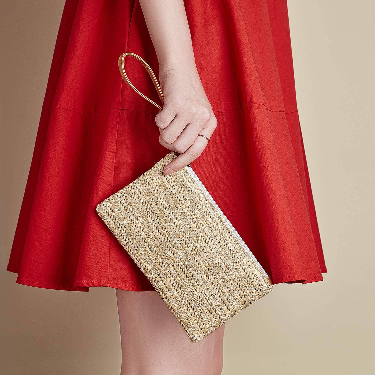 Women Stylish Portable Straw Handbag with Zipper 6