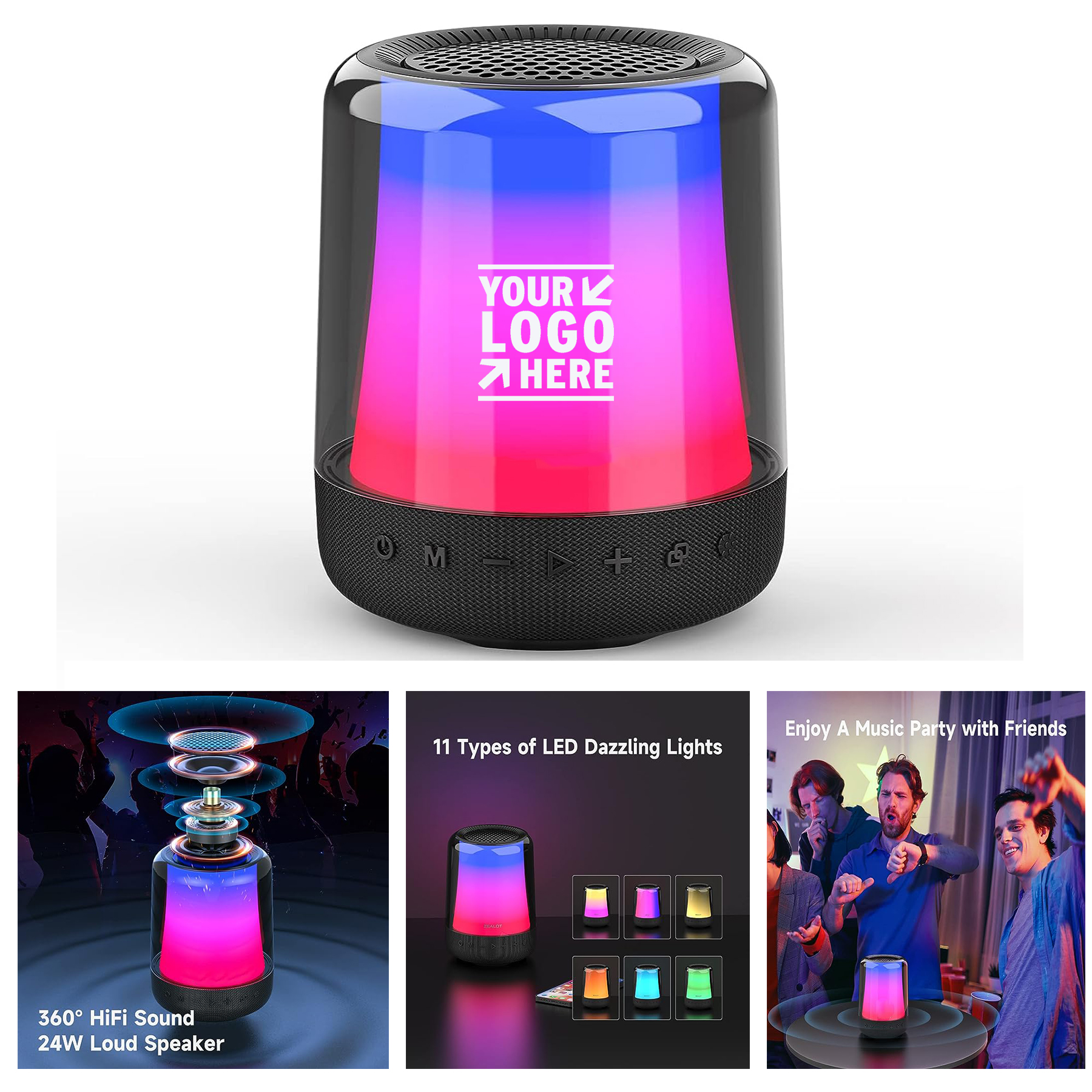 11 Colors Lights 24W Loud HD Stereo Sound Portable V5.2 Bluetooth Super Bass Wireless Speaker