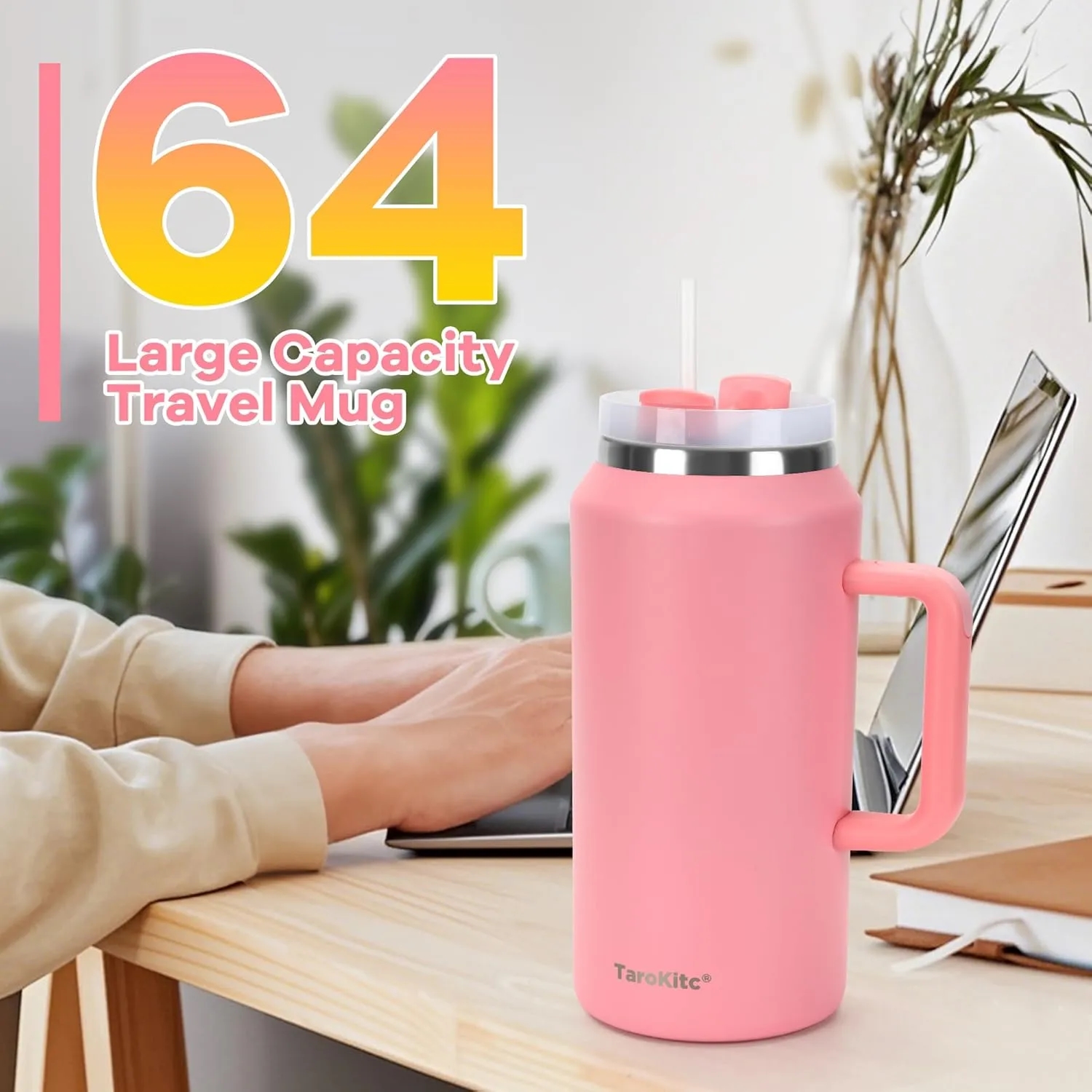 64 oz Stainless Steel Insulated Travel Mug With Straws 2