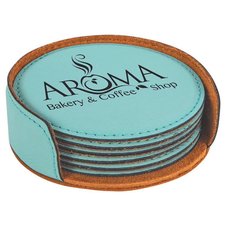 4" Teal Round Leatherette 6-Coaster Set 3