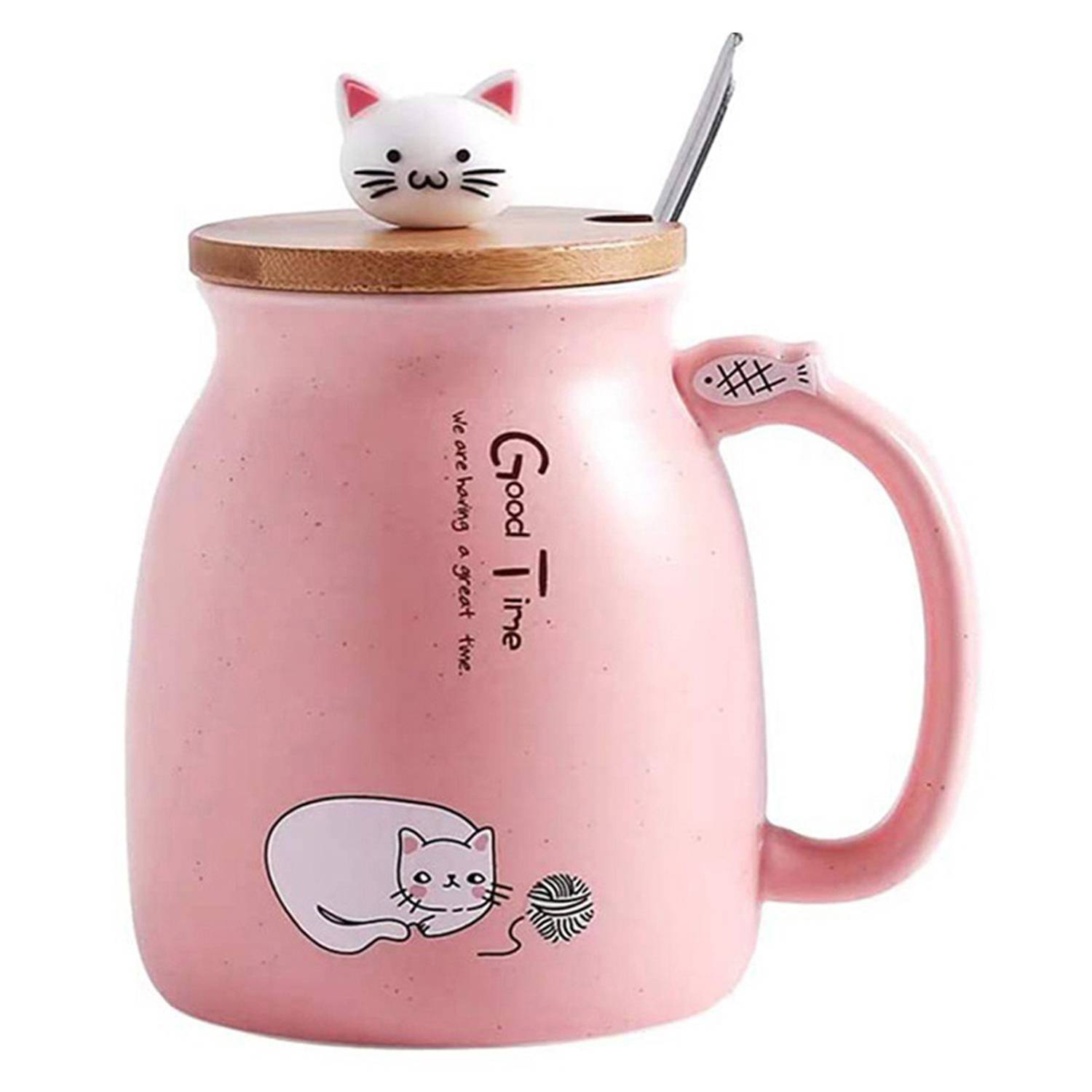 15oz Wooden Lid Cat Ceramic Mug w/ Spoon 2