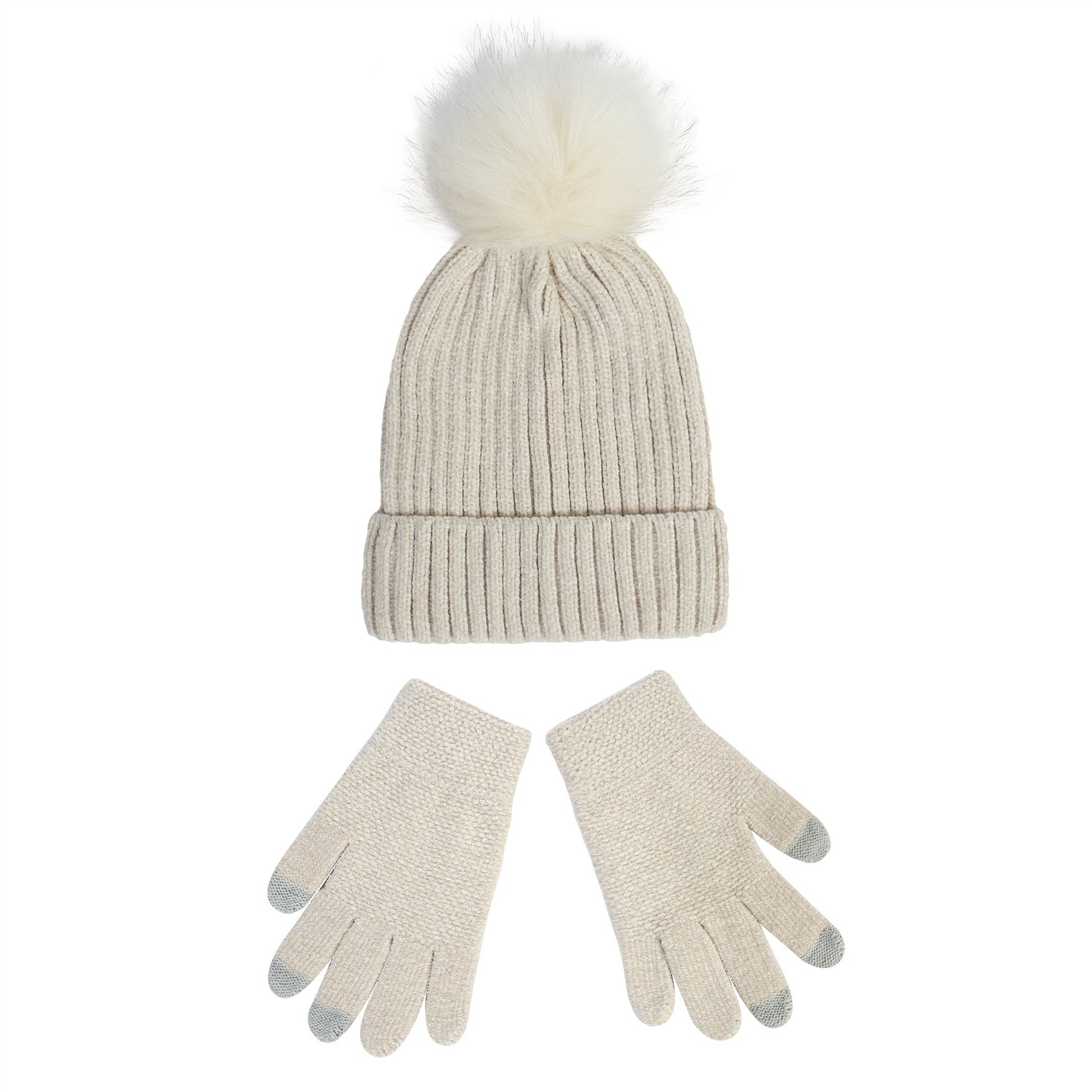 2PCS Chenille Pom Pom Beanie Gloves Set 5