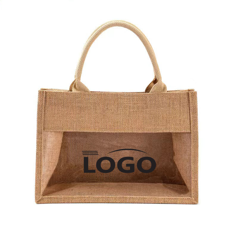 Jute Tote Bag with Transparent Panel, custom tote bag with logo imprint 2