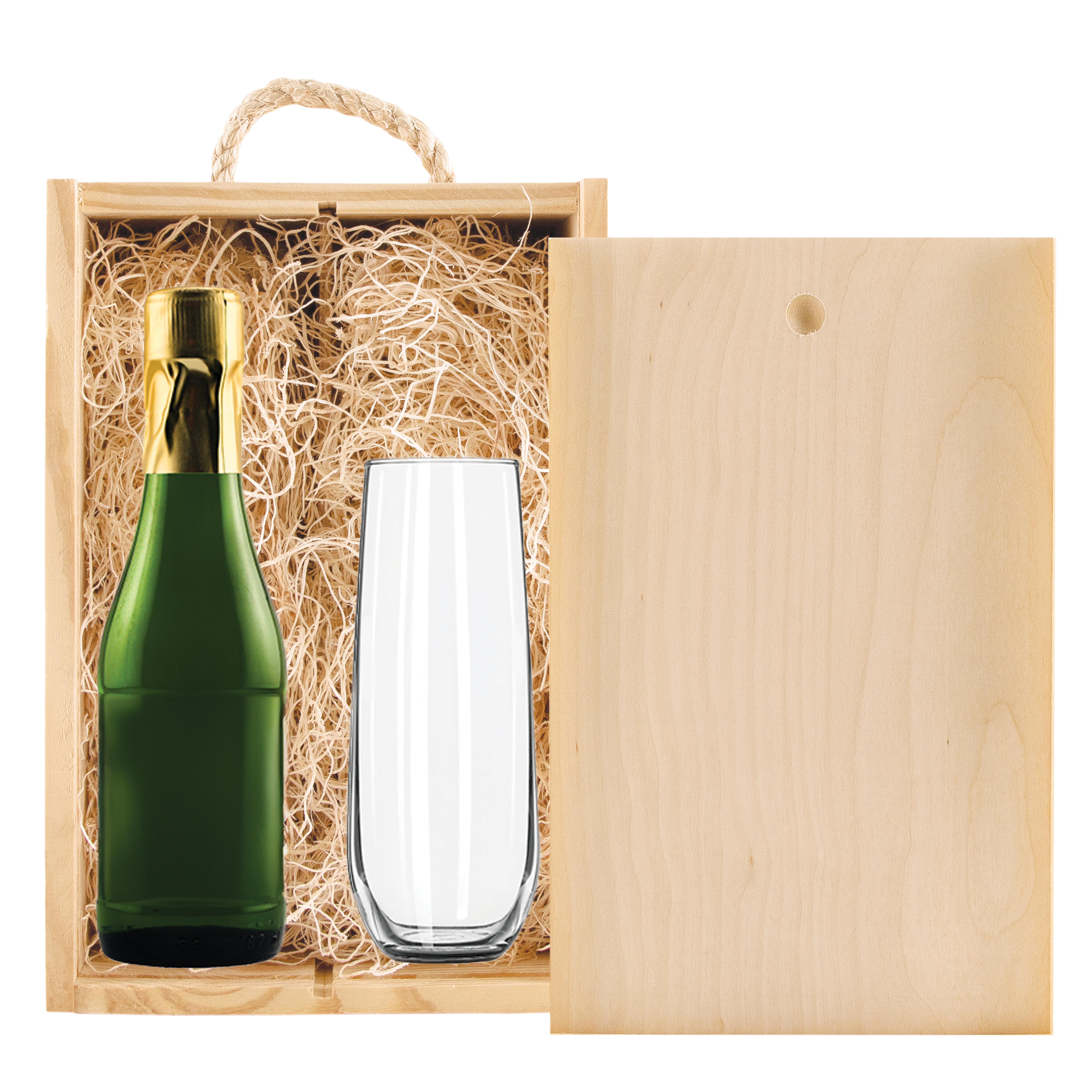 Laser-Engraved Double Half-Sized Wood Box w/Etched Mini Sparkling Wine + Flute 5