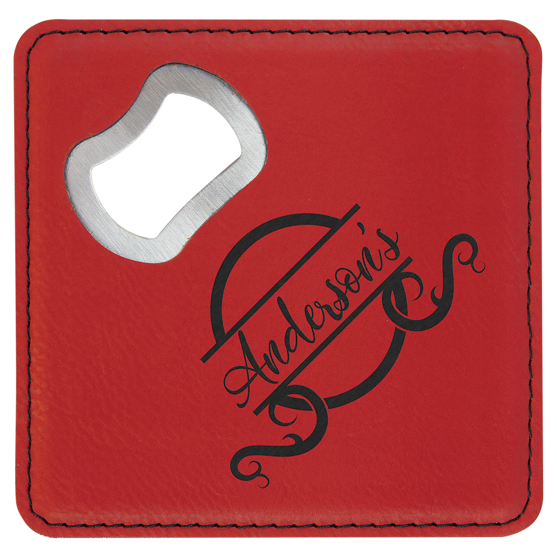 4" x 4" Square Red Leatherette Bottle Opener Coaster 1