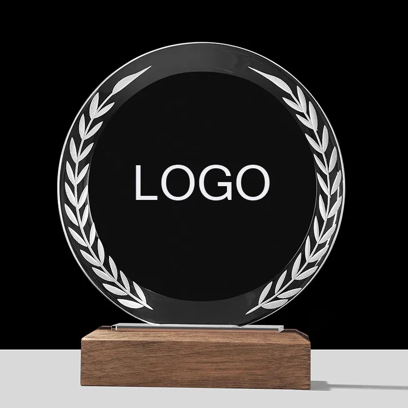 SOLID WOOD BASE ROUND CRYSTAL TROPHY 1