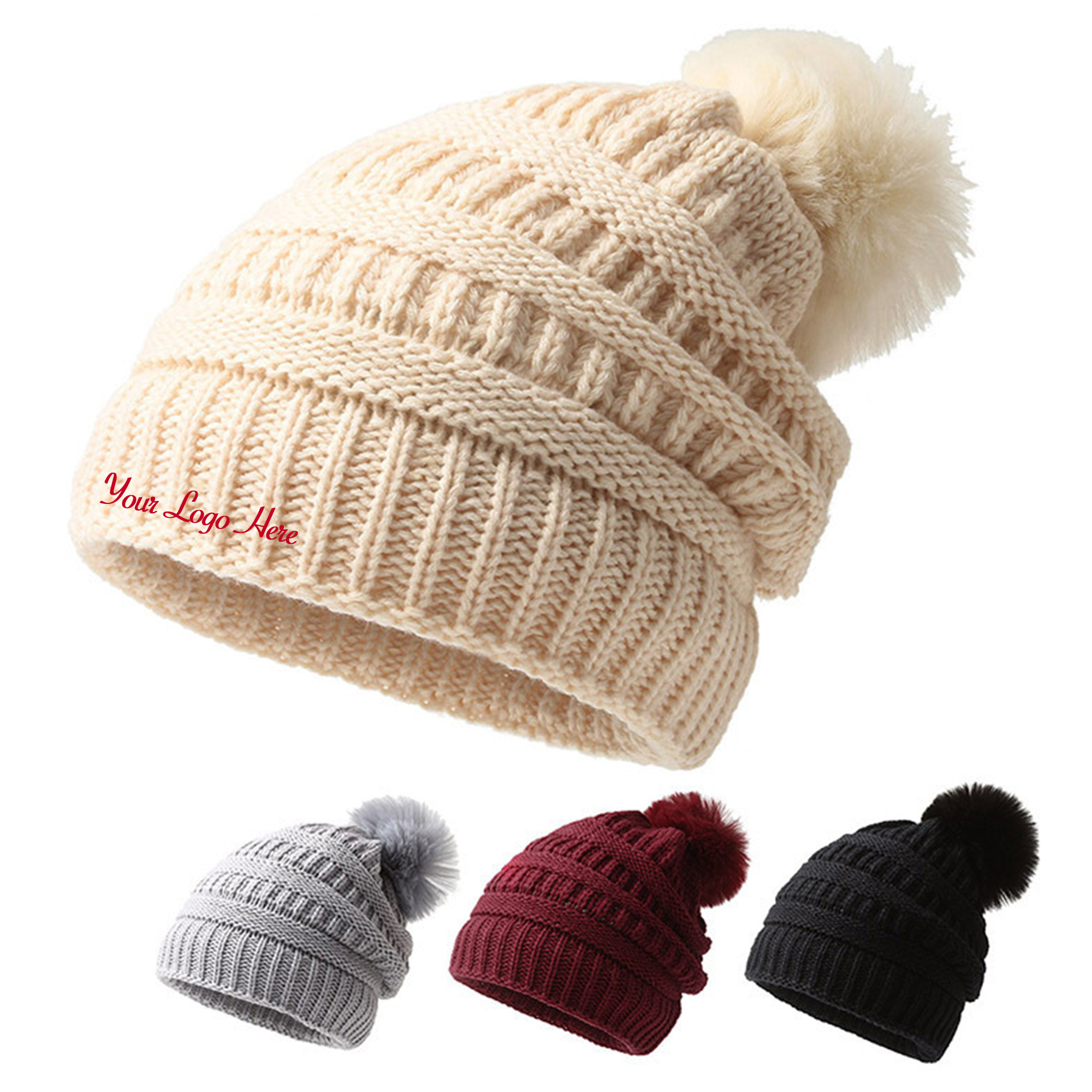 Women Knit Slouchy Beanie with Fur Pompom 1
