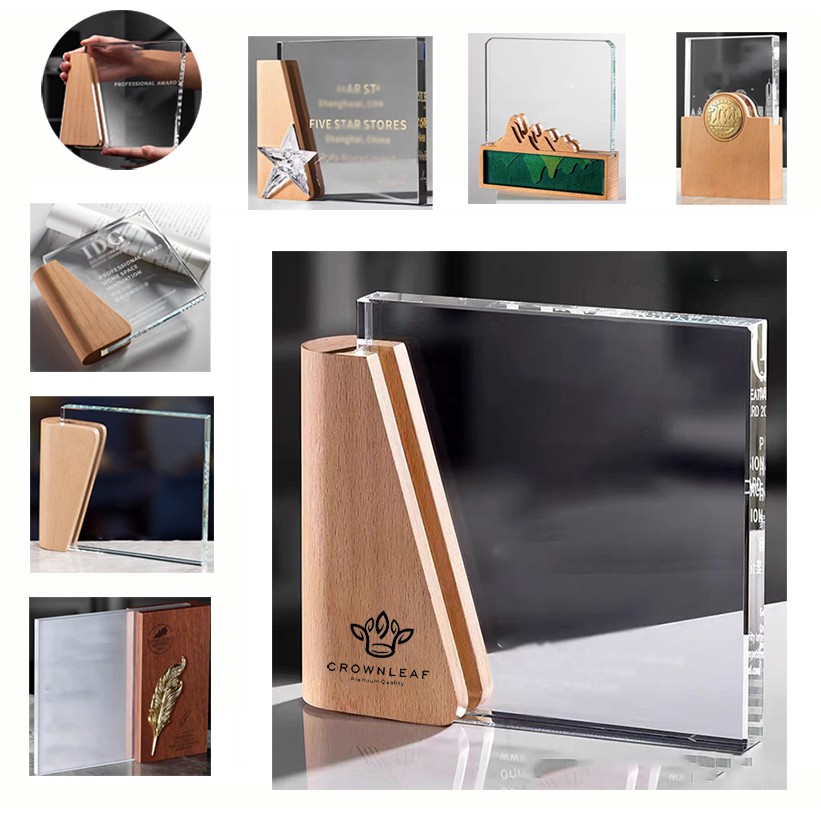 Crystal Rectangle Plaque Award Trophies with Wooden Base 2