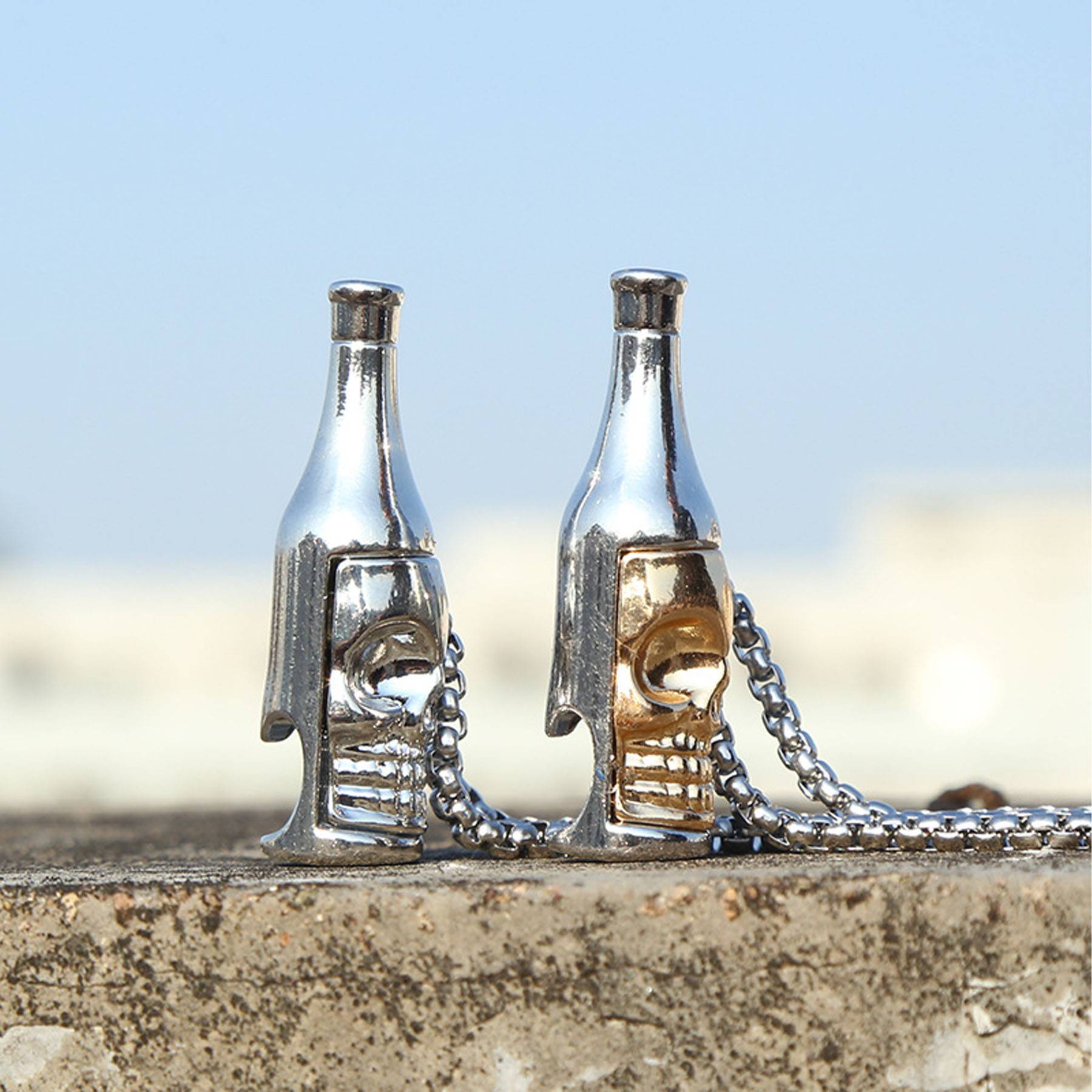 Titanium Steel Skull Beer Bottle Opener Necklace 6