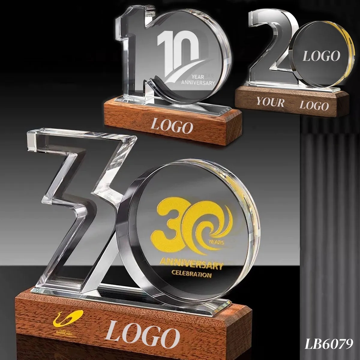 Personalized Work Anniversary Crystal Awards with Wood Base 1