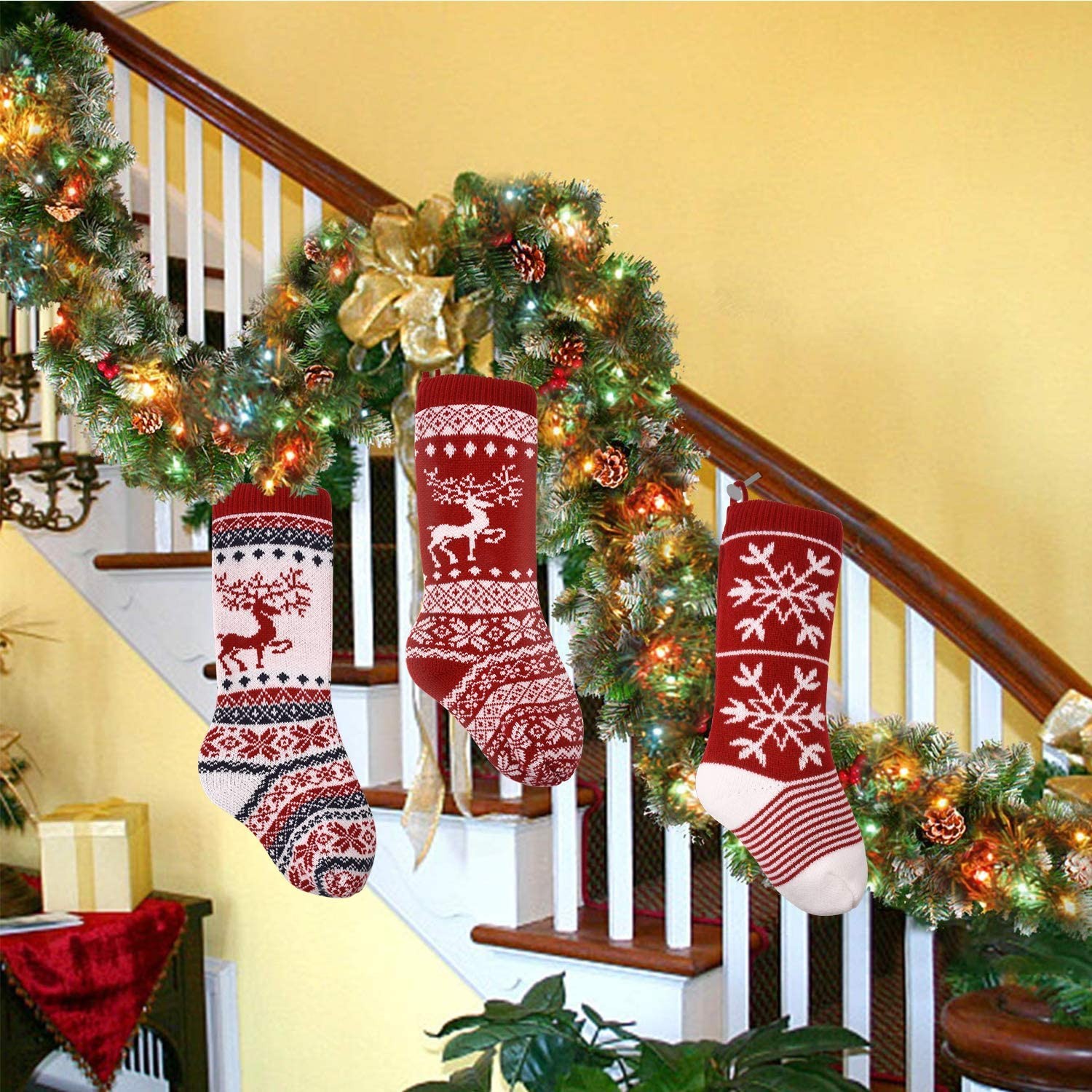Knit Christmas Stocking, 18" Snowflake and elk Stockings 3