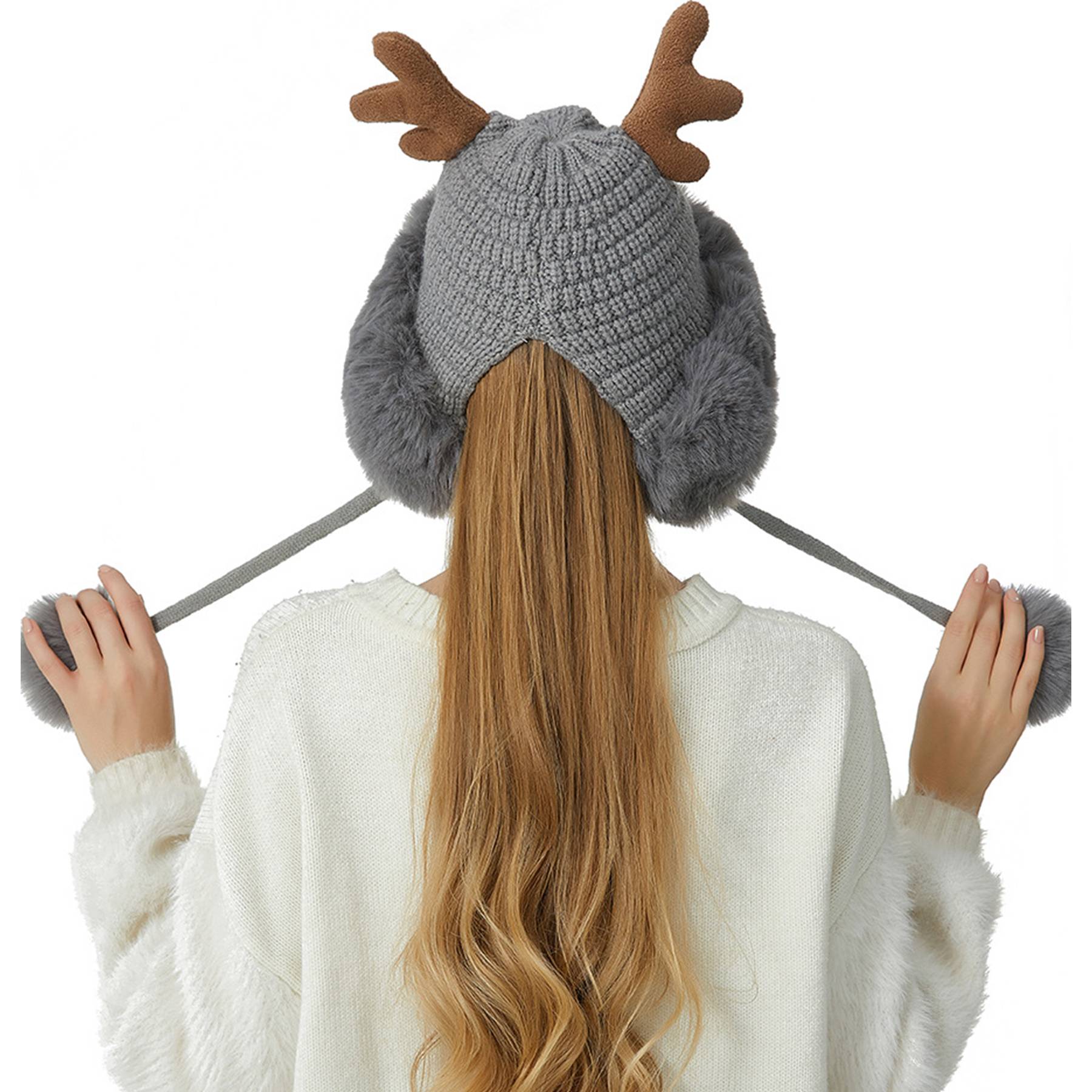 Women winter cover ear antler knit hat 11