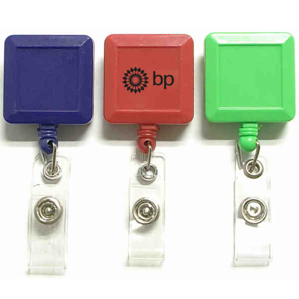 Square 26" retractable badge holder with metal clip on the back.