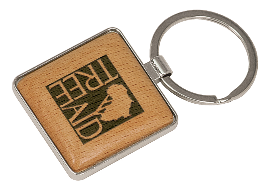 1 9/16" x 1 9/16" Silver/Wood Square Keychain 1