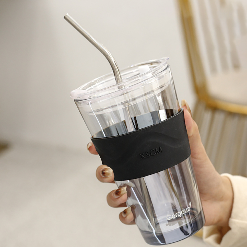 2 in 1 Heat Resistant Glass w/ Stainless Steel Straw 12