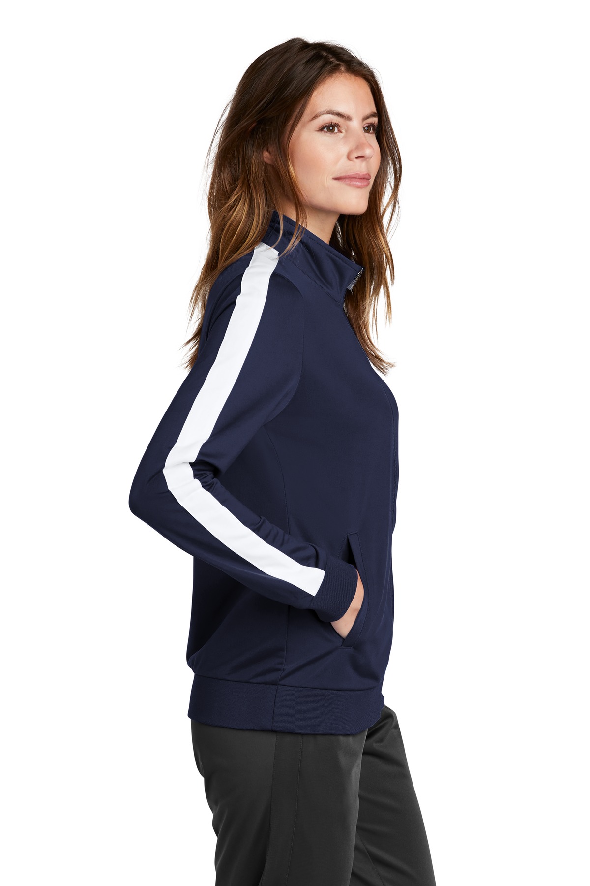 Sport-Tek Women's Tricot Sleeve Stripe Track Jacket. LST94 12