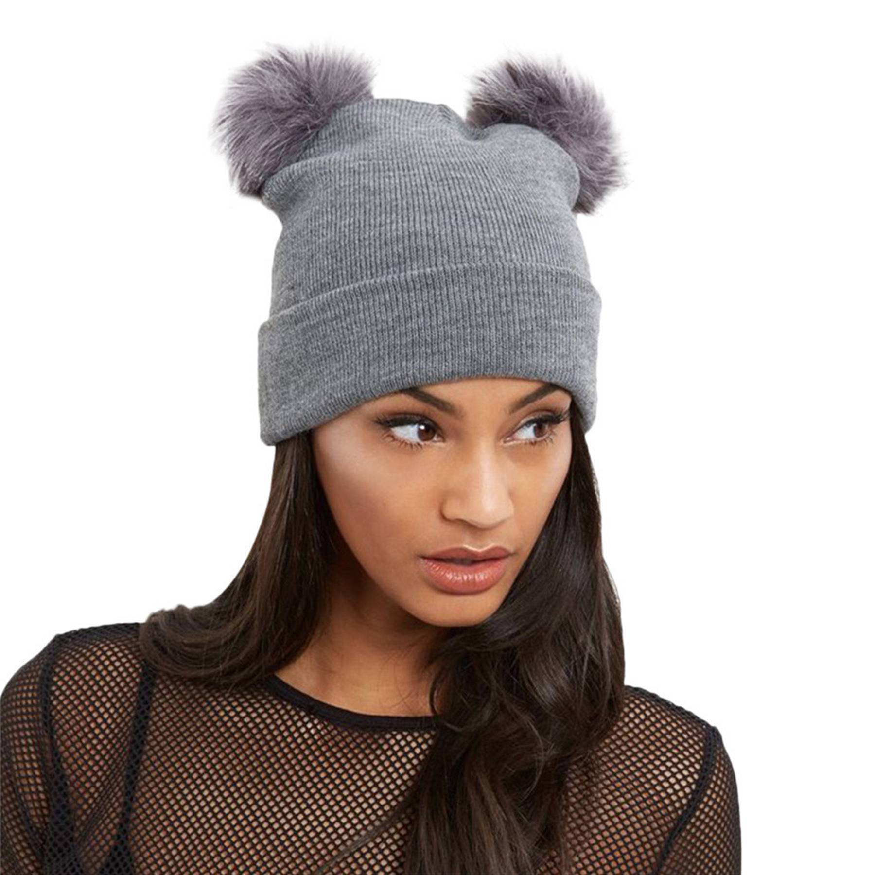 Acrylic Winter double furball knitted beanie 6