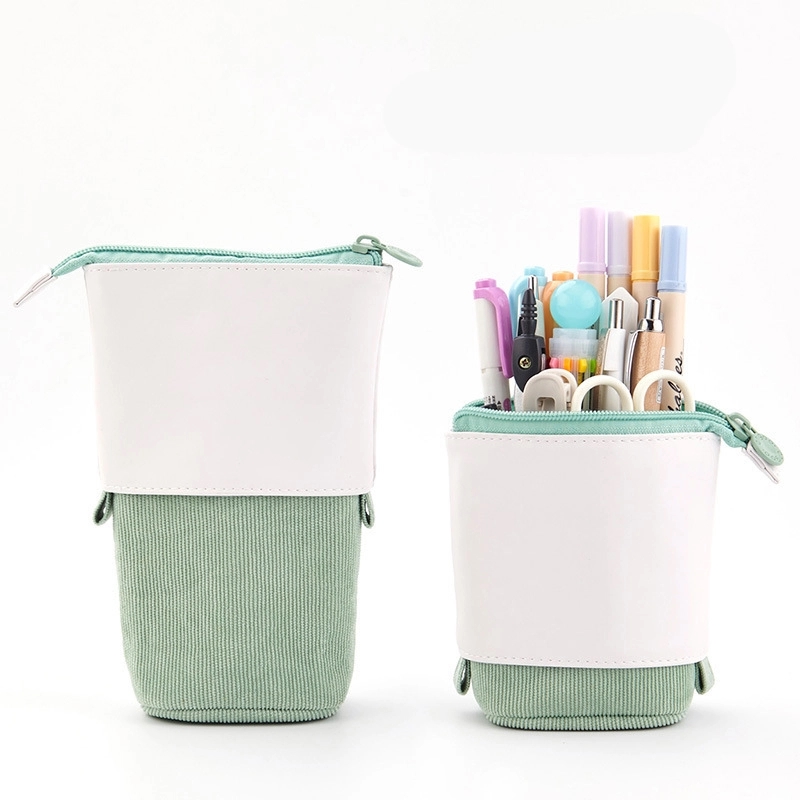 PU & Corduroy Stand-up Retractable Pen Pencil Organizer Bag 3