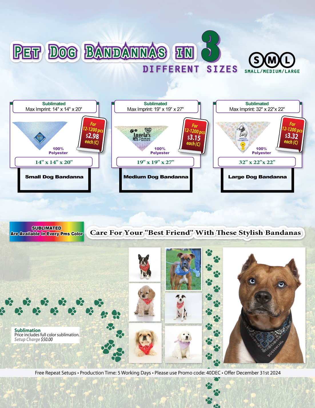 Small Dog Bandana, 14x14x20, Stitched Edges, Sublimated Edge to Edge (Decorated in Canada) 1