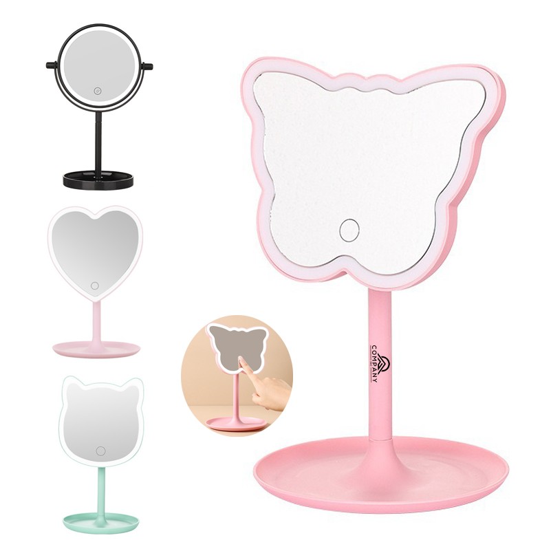 Pink Cartoon Backlit Lighted Glass Mirror Tabletop Stand Cat Mirrors Led Light Makeup Mirror 2