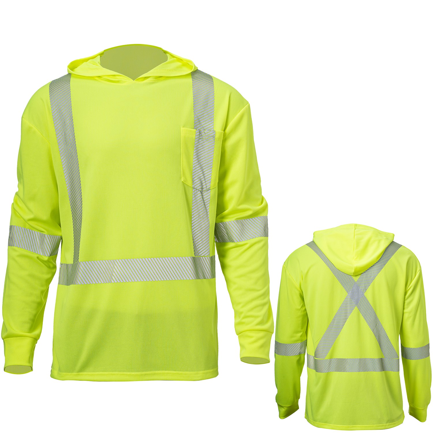 3.8 Oz. Polyester Class 3 Segmented Tape Cross Back Safety Hooded Pocket T-Shirt 2