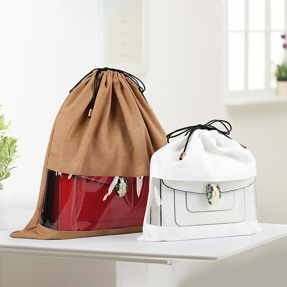 Transparent Window Faux Suede Drawstring Packaging Bag 4