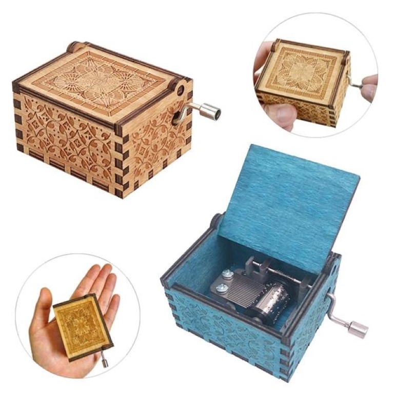 Handmade Engraved Wooden Music Box Hand Crank Wood Crafts 1