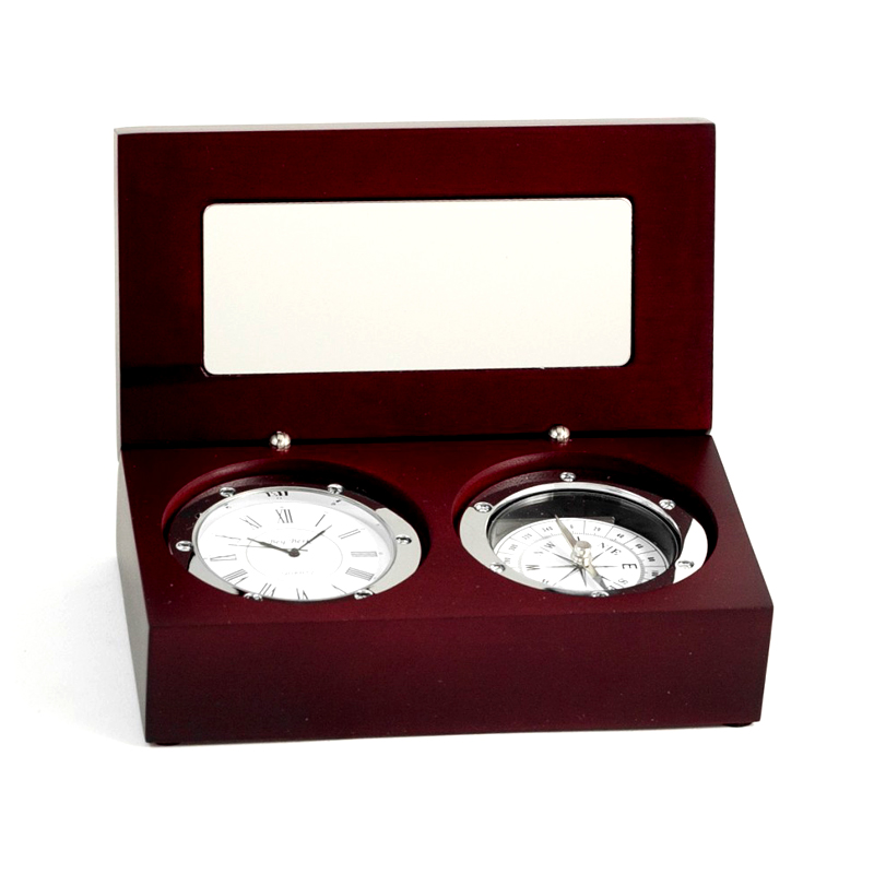Chrome Clock / Compass in Executive Rosewood Box 1