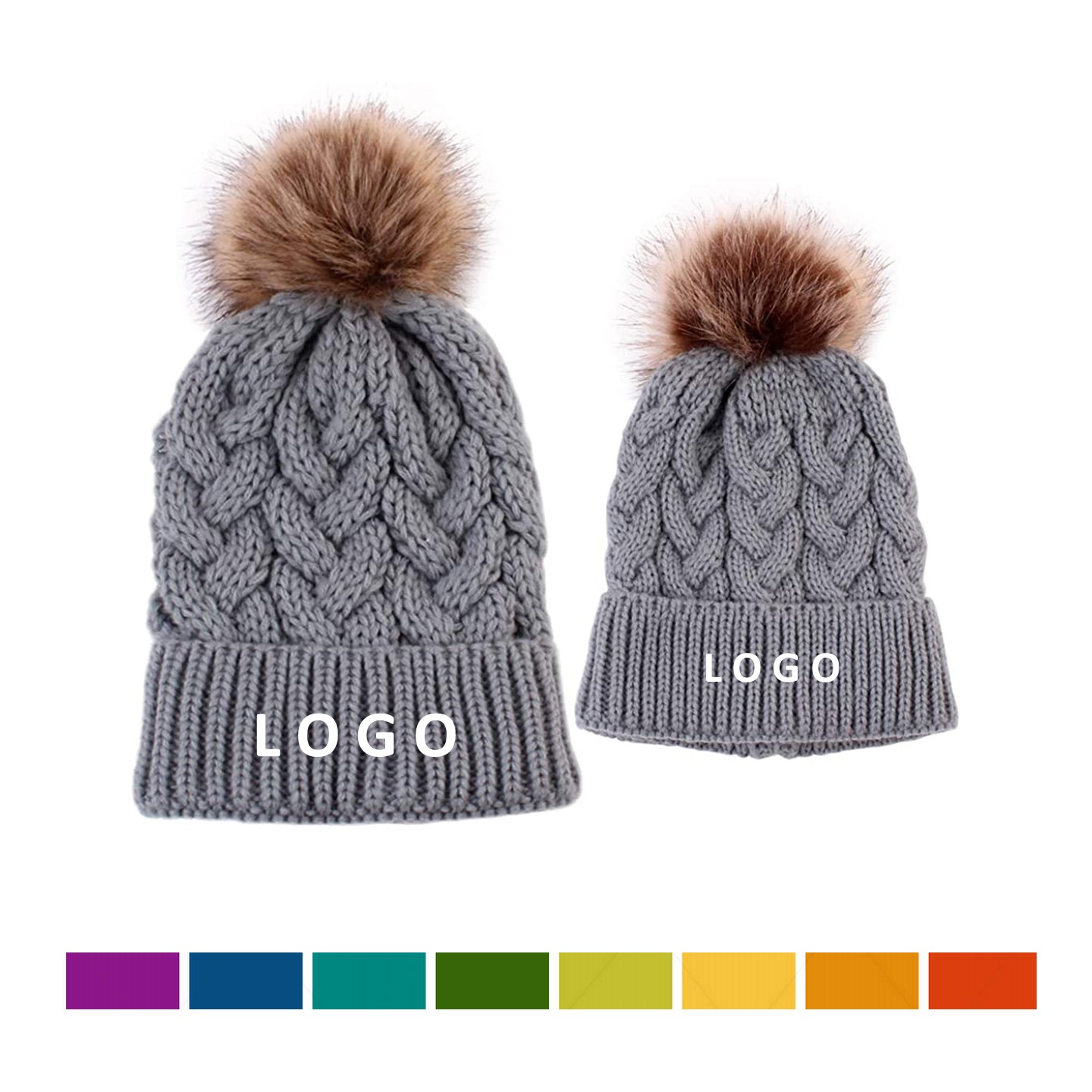 2PC Parent Kid Matching Beanie with Pom-pom 2