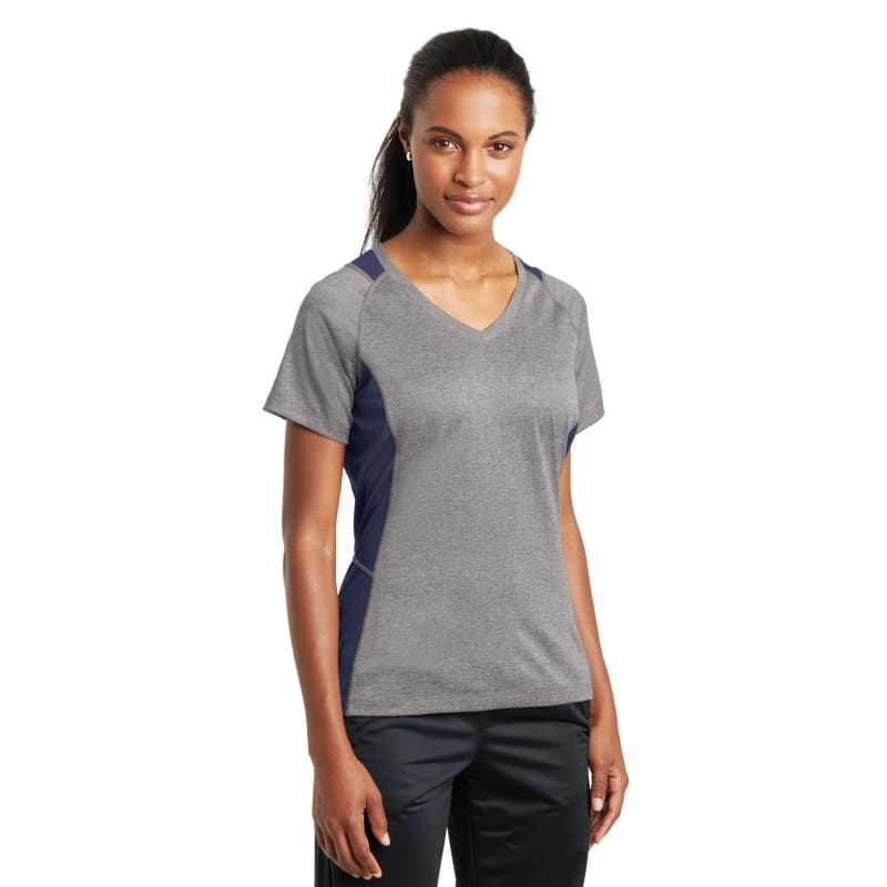 Sport-Tek Women's Heather Colorblock Contender V-Neck Tee. 12