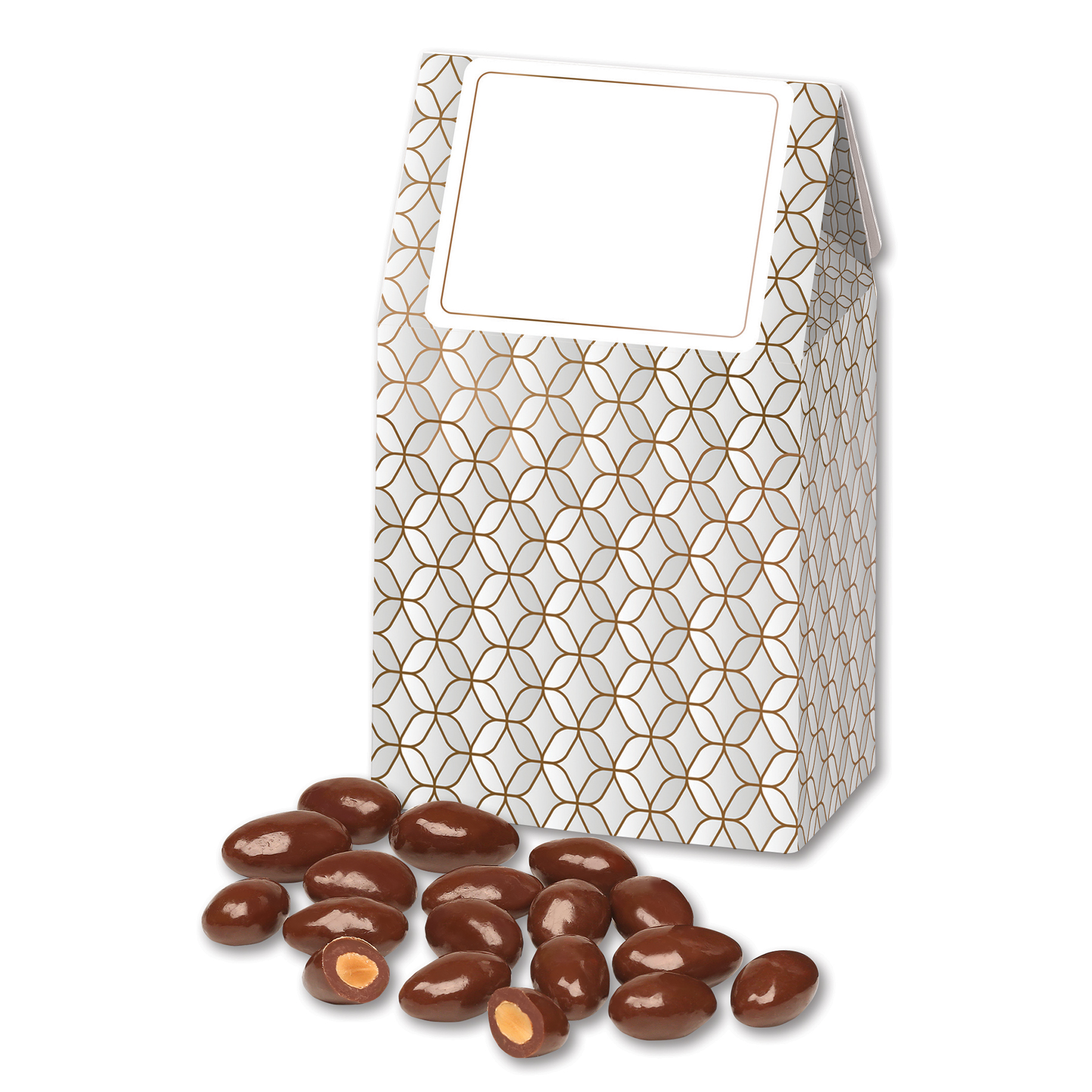 Chocolate Covered Almonds in Silver & Gold Geometric Gable Top Gift Box 2