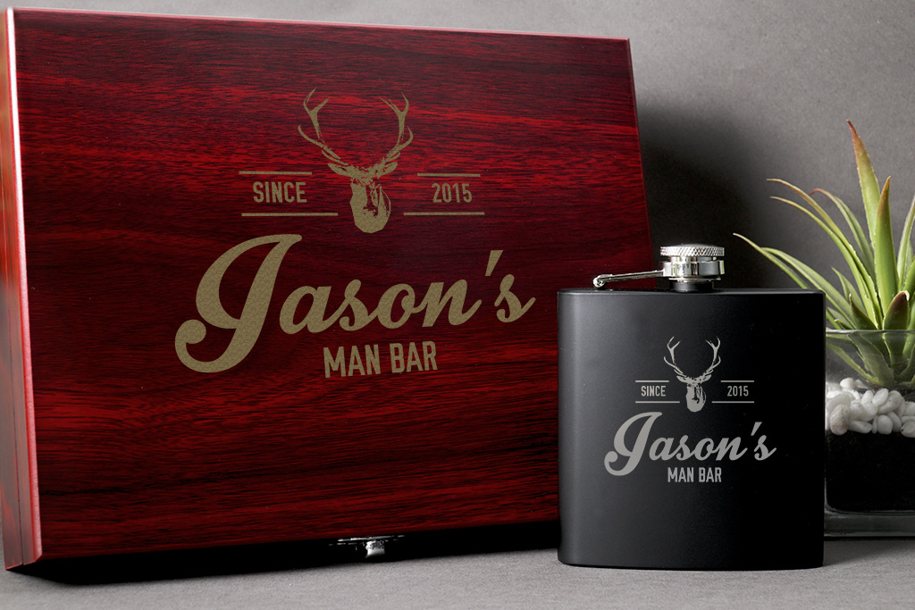 Black Flask Set in Rosewood Box, custom water bottle with logo imprint 4